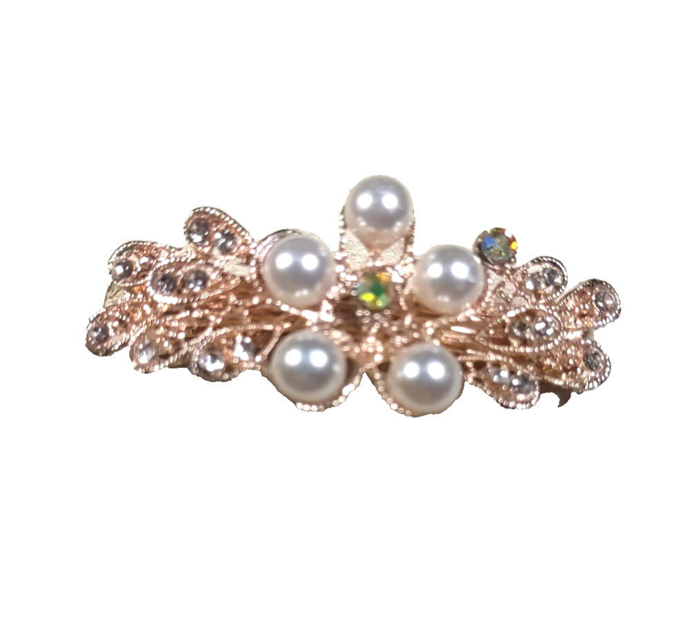 Rose Gold Tone Aurora Borealis Rhinestone Faux Pearl Hair Barrette Tension Clip